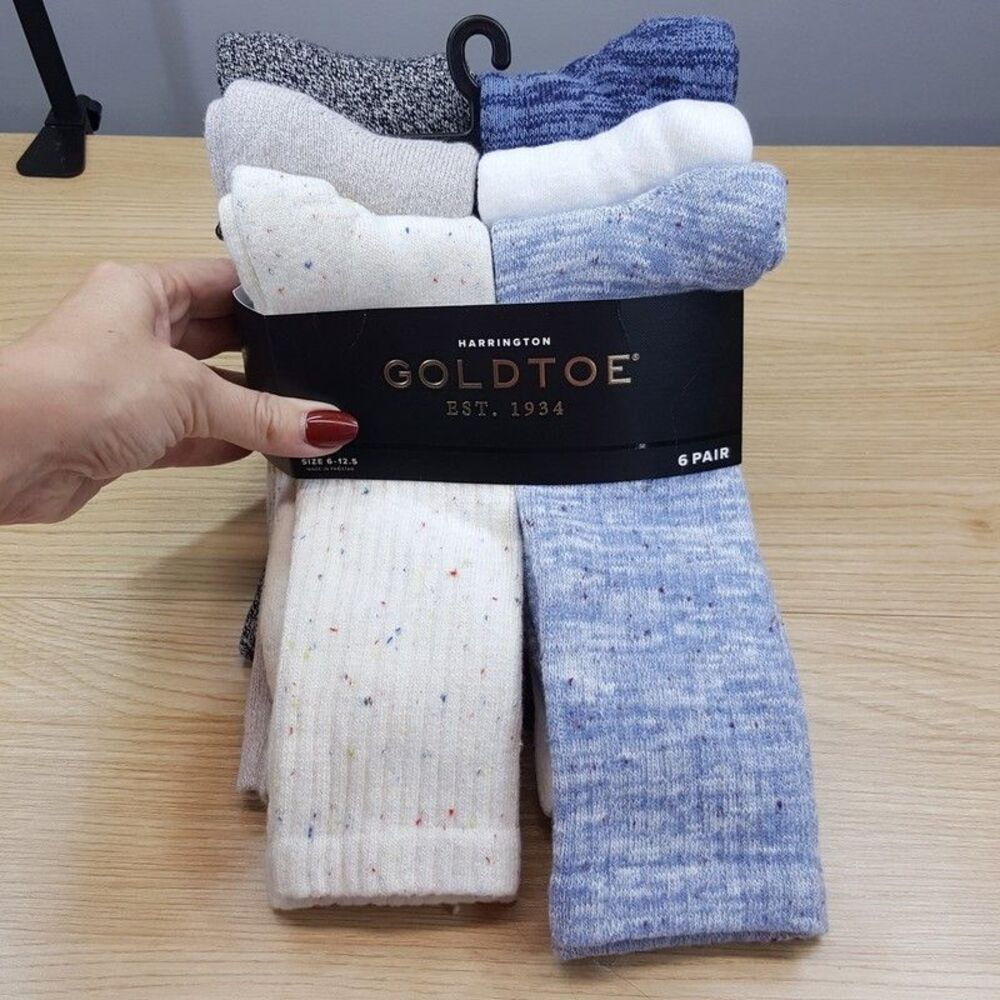 GOLD TOE Crew Socks Mens Blue White 6-Pack HARRINGTON Ribbed Cotton Knit